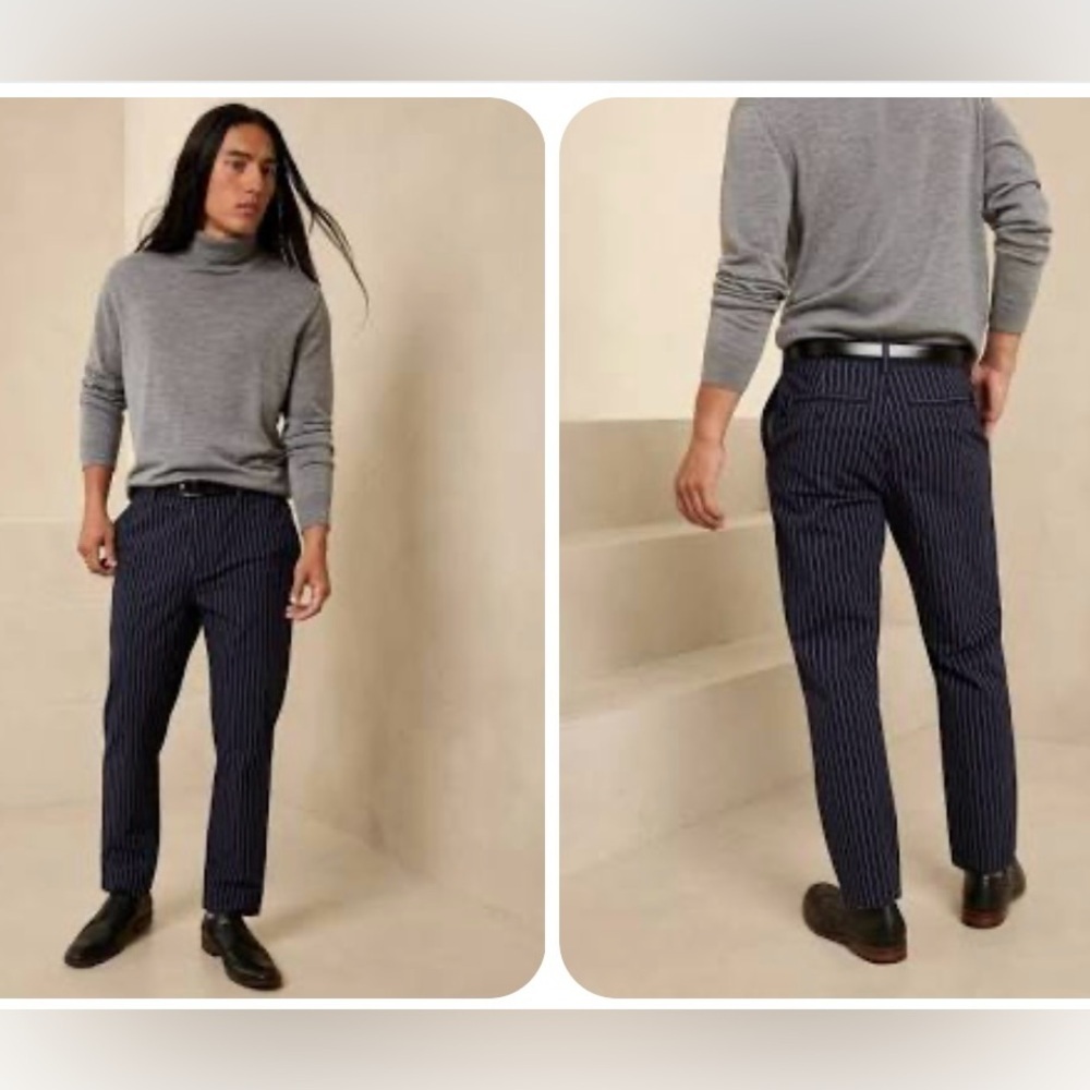 Banana Republic Men's Stripe Grayson Pant Size 34 x 36 Slim Tapered Fit Navy
